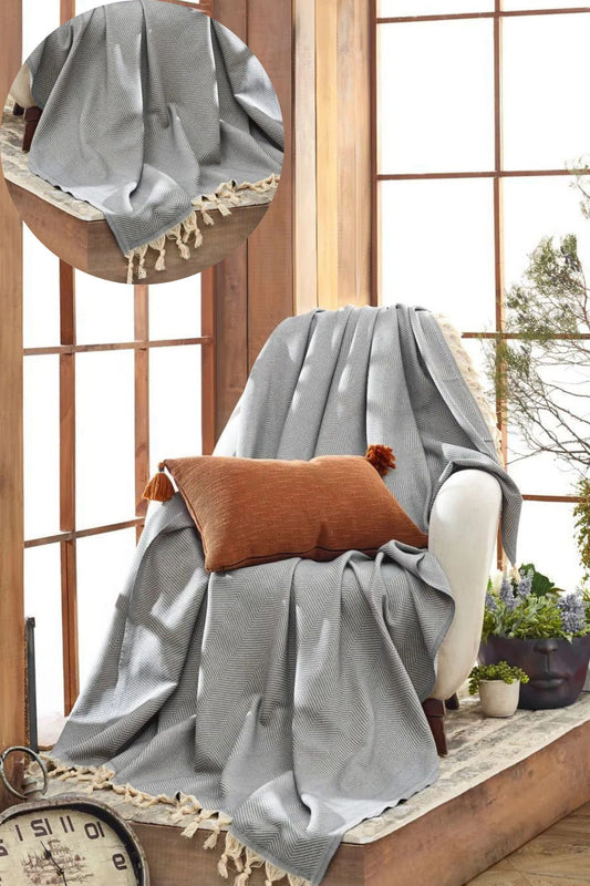 2li Antrasit Pamuklu Tekli Koltuk Ve Berjer Örtüsü - Tv Battaniyesi Throw 120*150 Cm