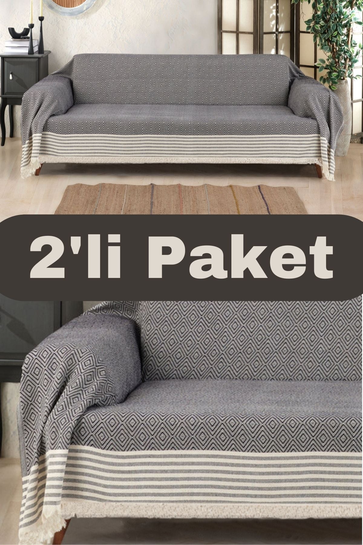 Pamuklu Kolları Örten 310 Cm Koltuk Kanepe Çekyat Örtüsü Önden Saçaklı Kaymaz Çok Amaçlı