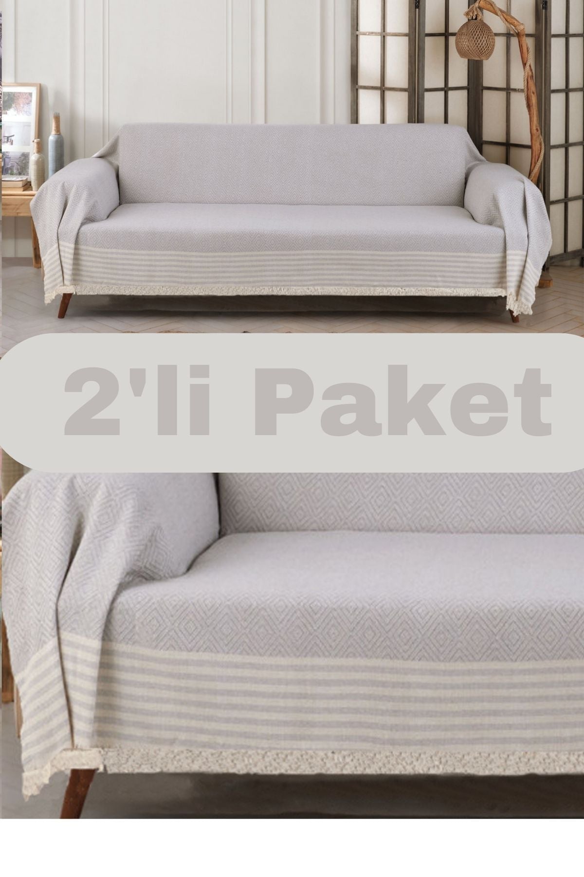 Pamuklu Kolları Örten 310 Cm Koltuk Kanepe Çekyat Örtüsü Önden Saçaklı Kaymaz Çok Amaçlı