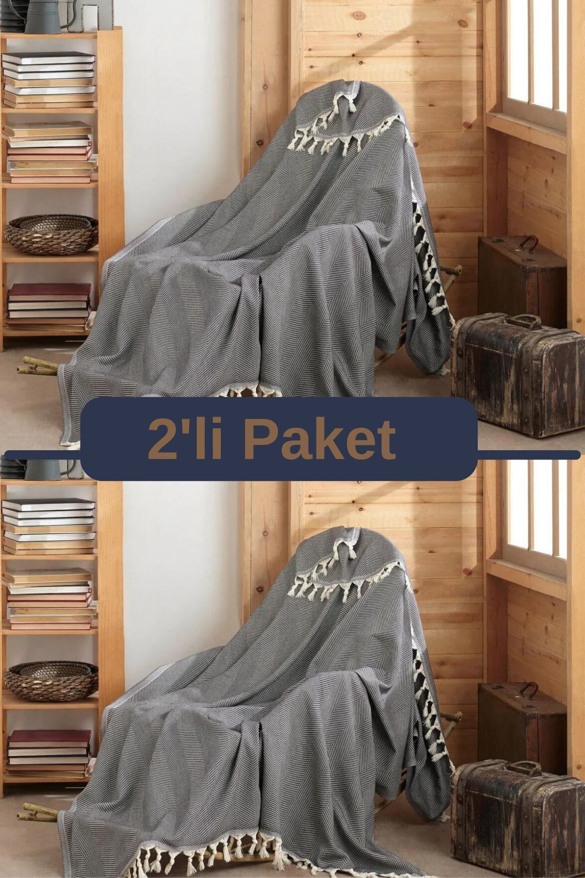 2li Antrasit Pamuklu Tekli Koltuk Ve Berjer Örtüsü - Tv Battaniyesi Throw 120*150 Cm