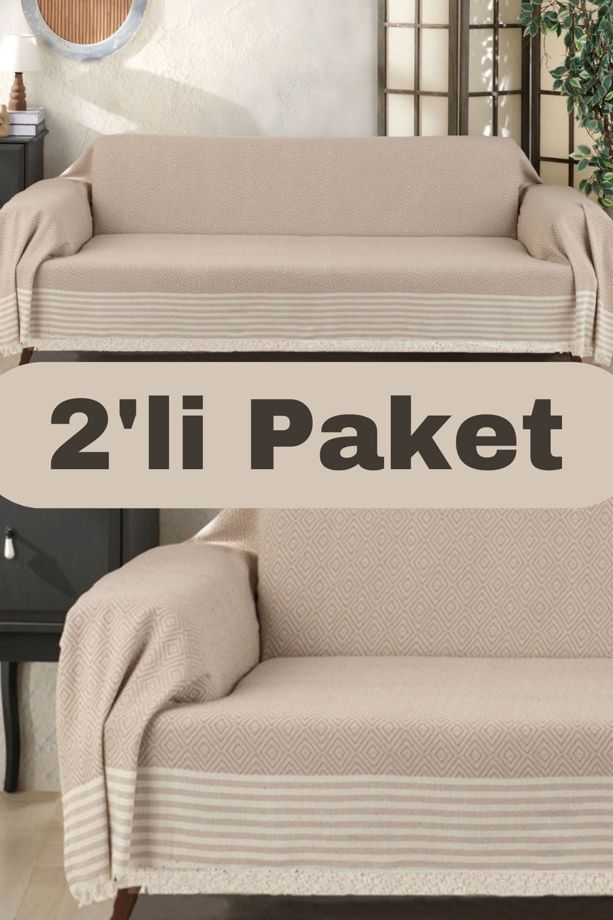 Pamuklu Kolları Örten 310 Cm Koltuk Kanepe Çekyat Örtüsü Önden Saçaklı Kaymaz Çok Amaçlı
