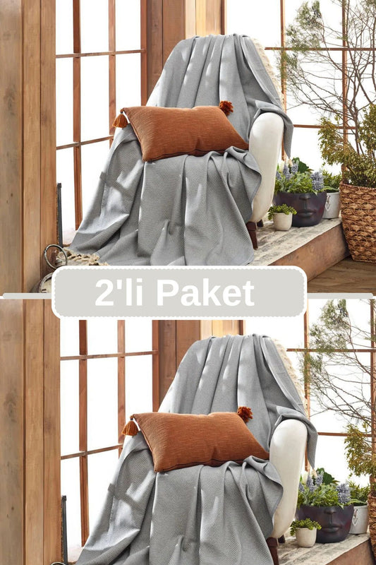 2li Antrasit Pamuklu Tekli Koltuk Ve Berjer Örtüsü - Tv Battaniyesi Throw  120*150 Cm
