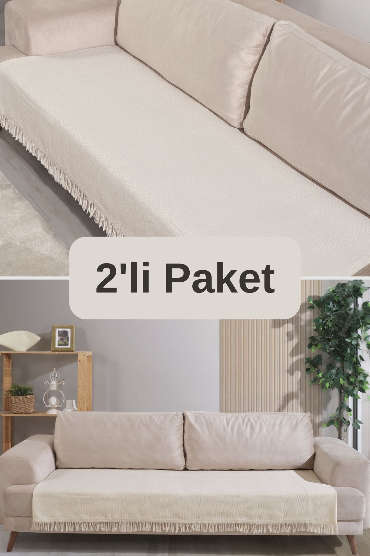 Pamuklu 2'li Koltuk Örtüsü 115x200 Önden Saçaklı Çizgili Desenli