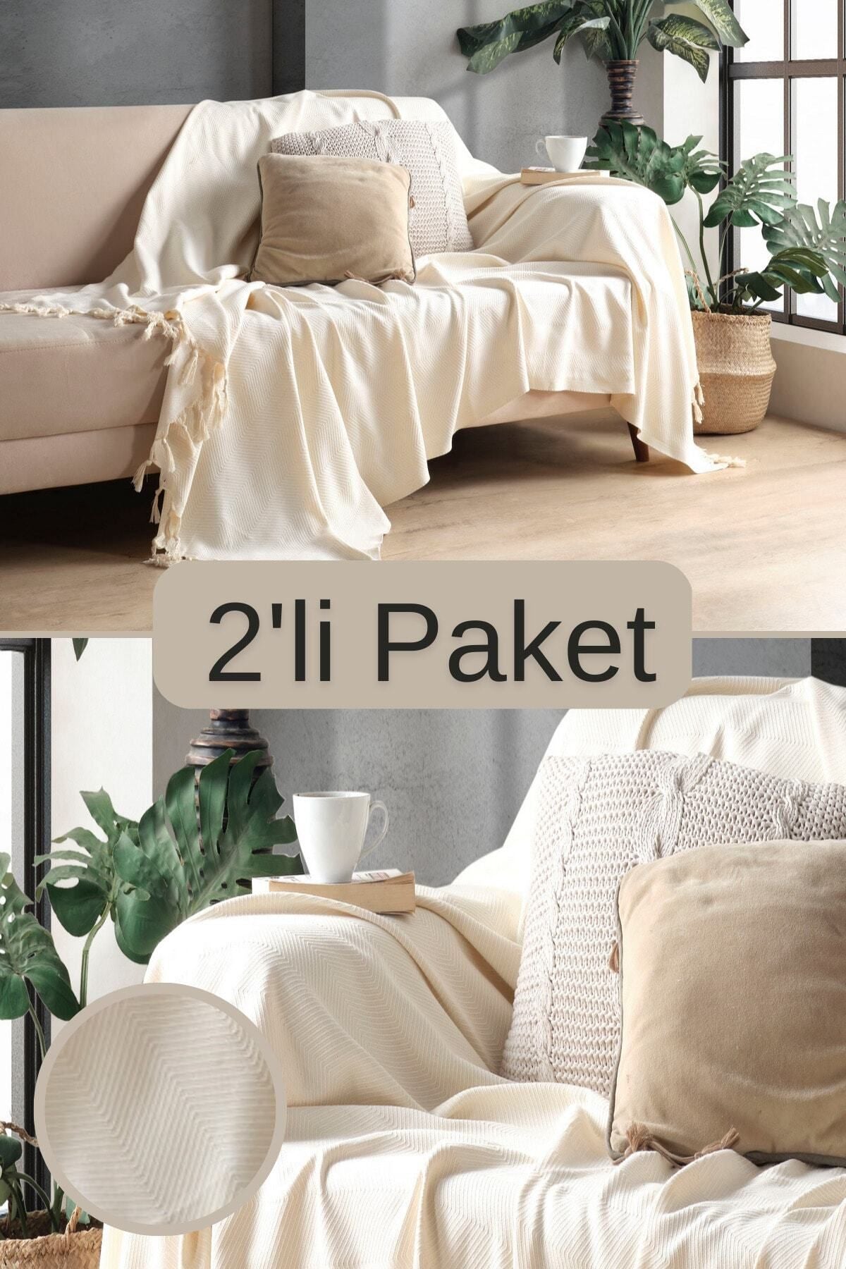 2Li Pamuklu Dekoratif Koltuk Örtüsü Set 170x230 Boyutlu Optimal Kaymaz Tasarım
