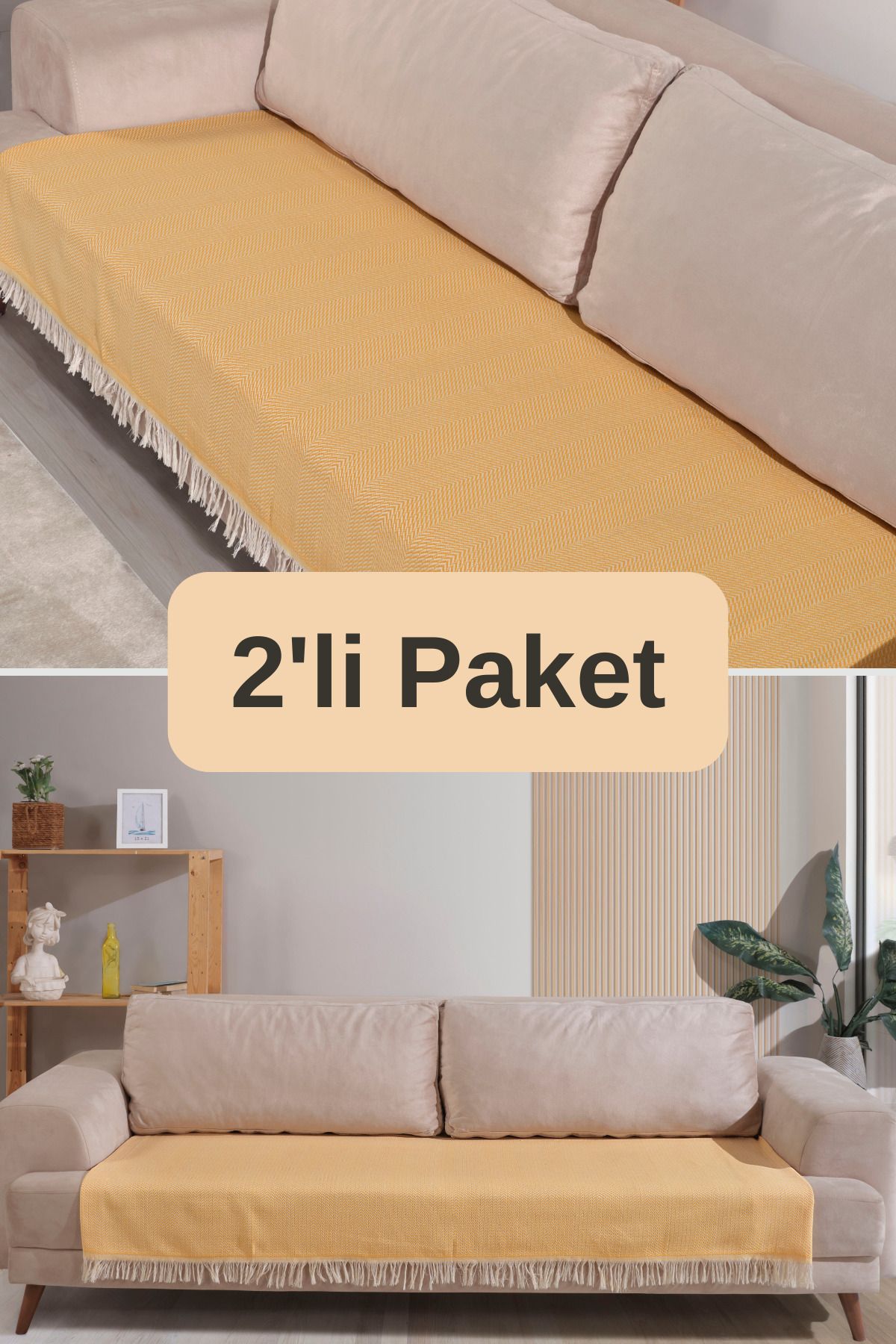 Pamuklu 2'li Koltuk Örtüsü 115x200 Önden Saçaklı Çizgili Desenli