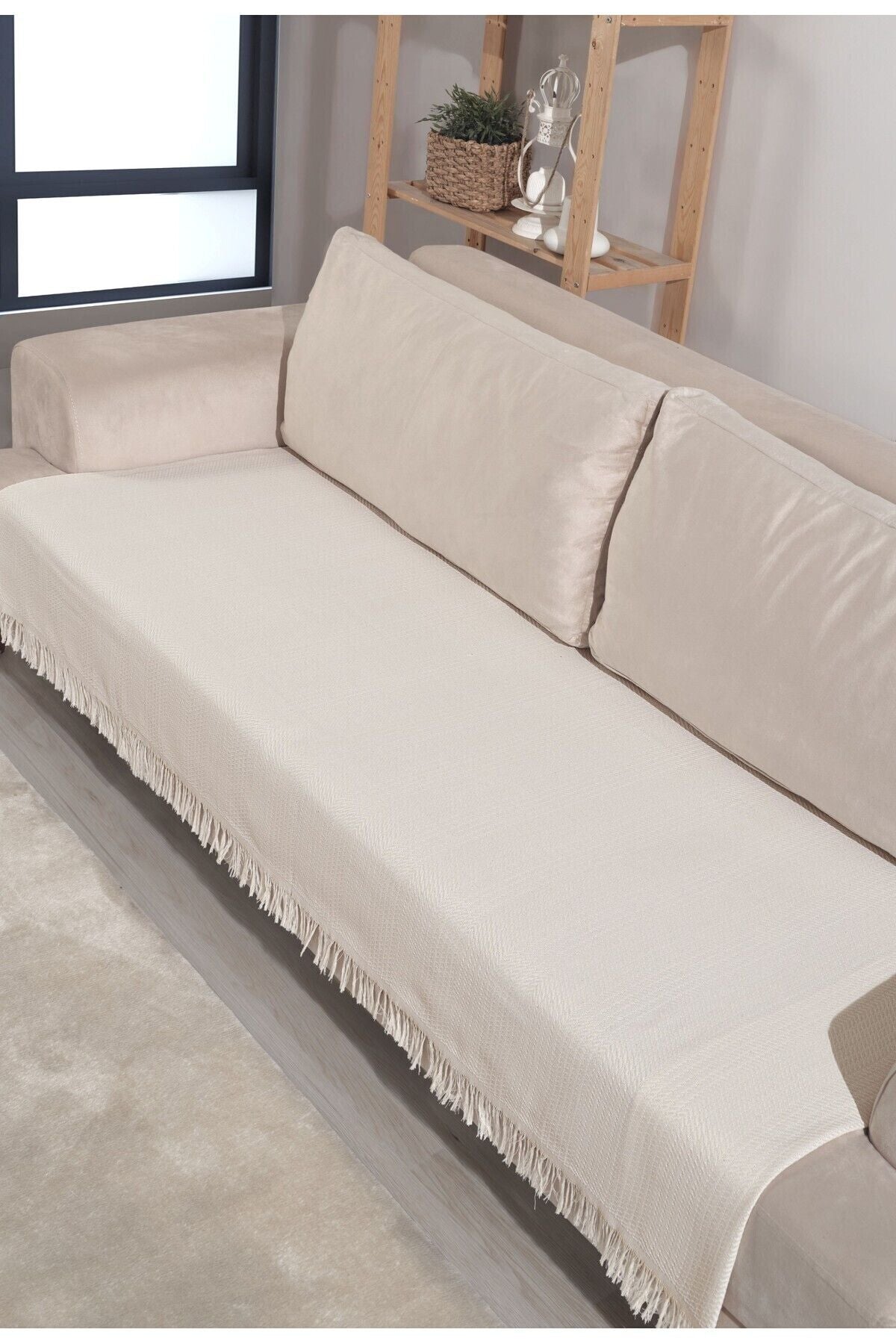 Ekru Pamuklu Koltuk Örtüsü 115x200 Önden Saçaklı Çizgili Desenli