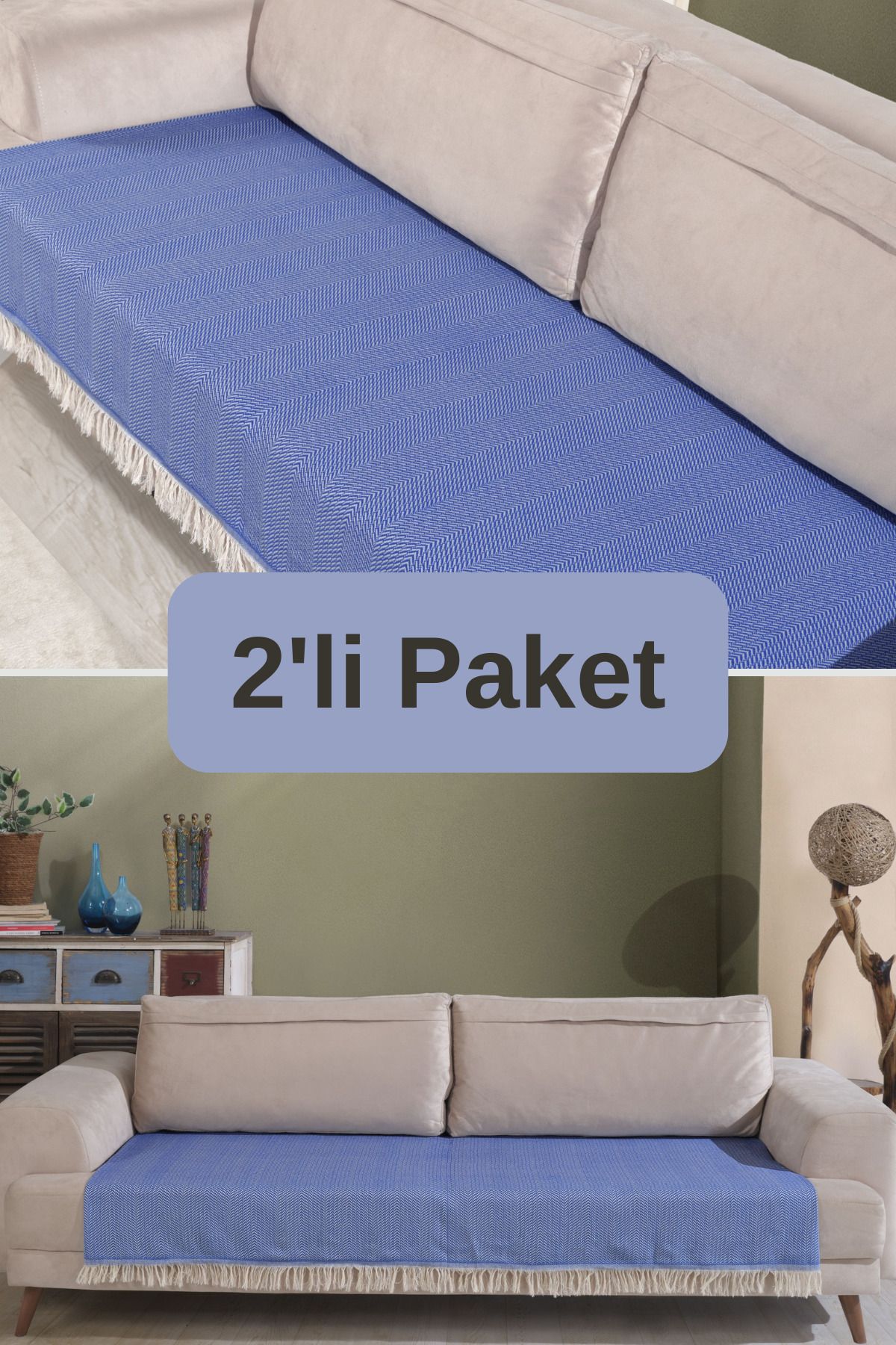 Pamuklu 2'li Koltuk Örtüsü 115x200 Önden Saçaklı Çizgili Desenli