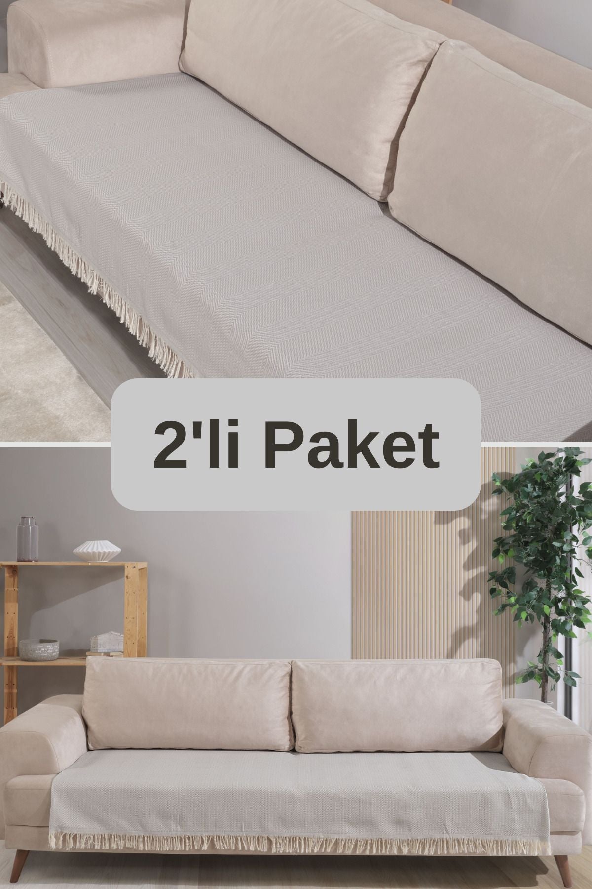 Pamuklu 2'li Koltuk Örtüsü 115x200 Önden Saçaklı Çizgili Desenli