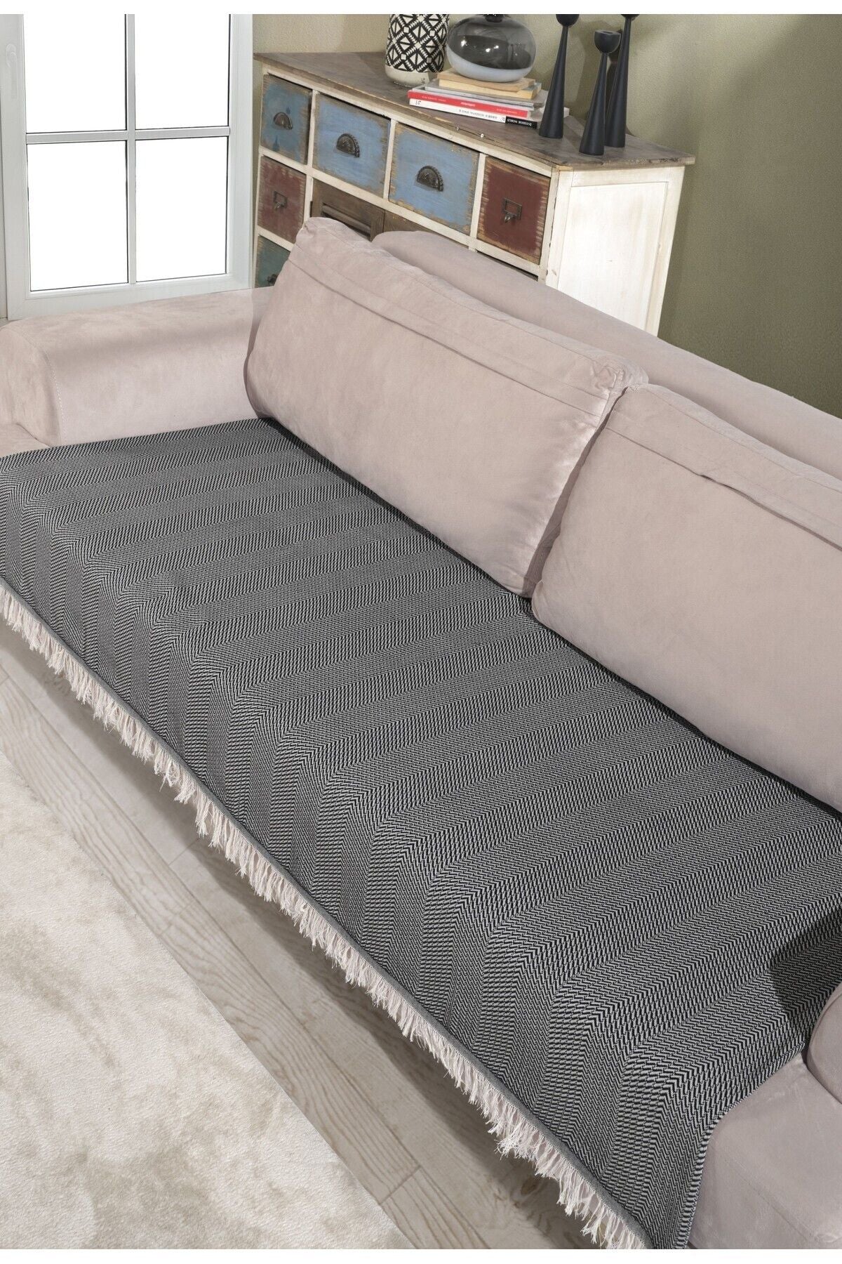 Ekru Pamuklu Koltuk Örtüsü 115x200 Önden Saçaklı Çizgili Desenli