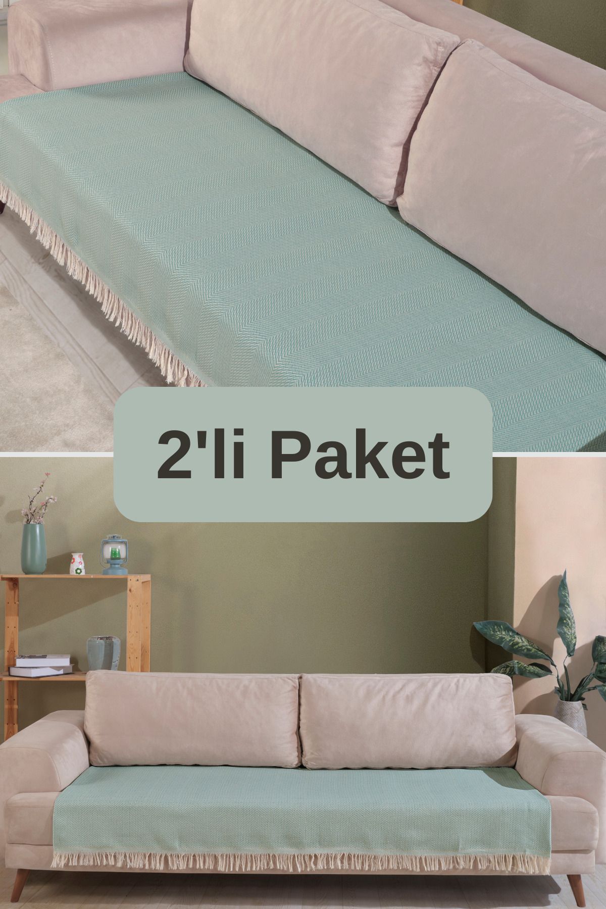 Pamuklu 2'li Koltuk Örtüsü 115x200 Önden Saçaklı Çizgili Desenli