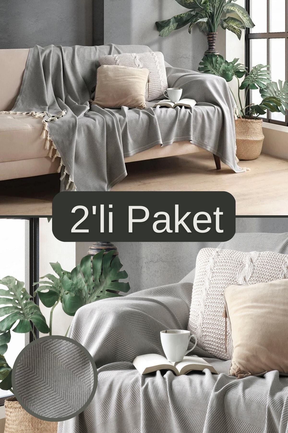 2Li Pamuklu Dekoratif Koltuk Örtüsü Set 170x230 Boyutlu Optimal Kaymaz Tasarım