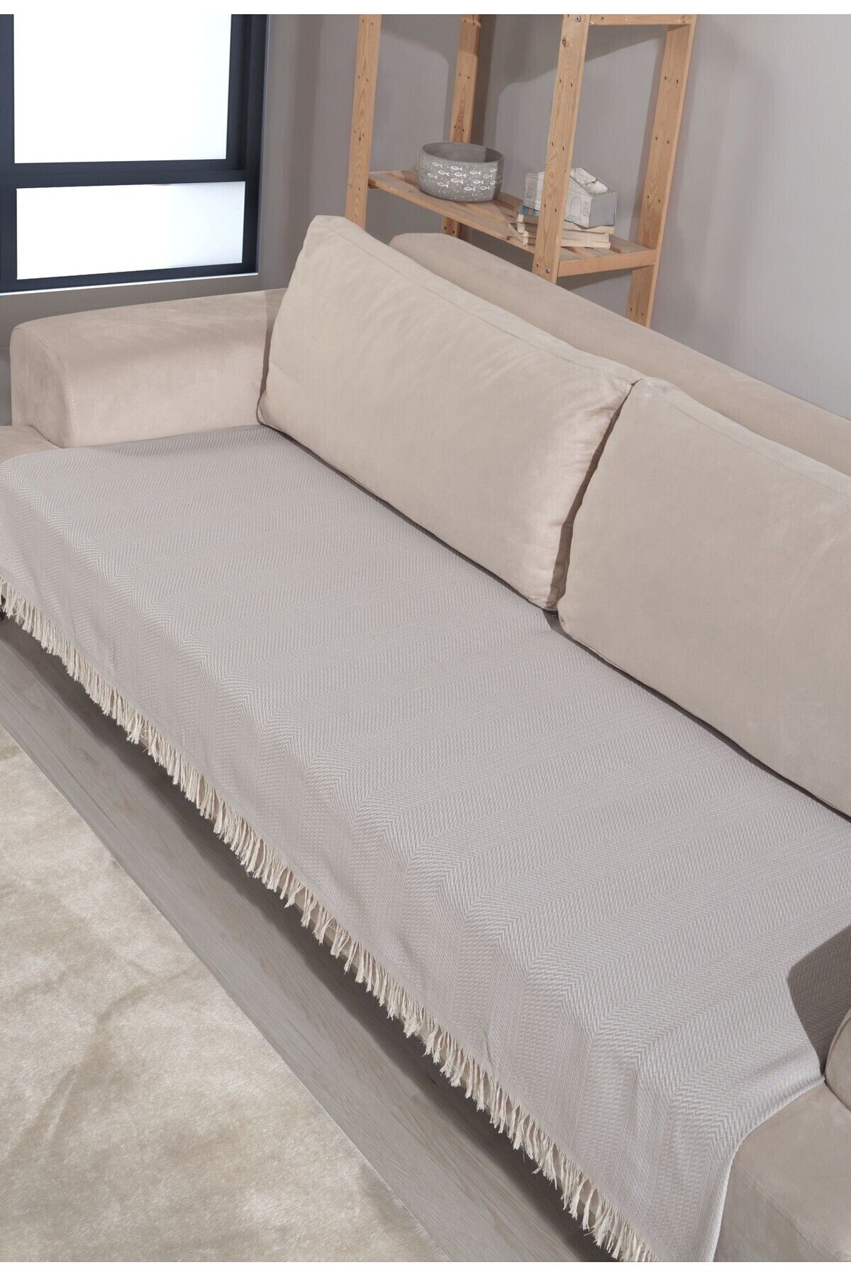 Ekru Pamuklu Koltuk Örtüsü 115x200 Önden Saçaklı Çizgili Desenli