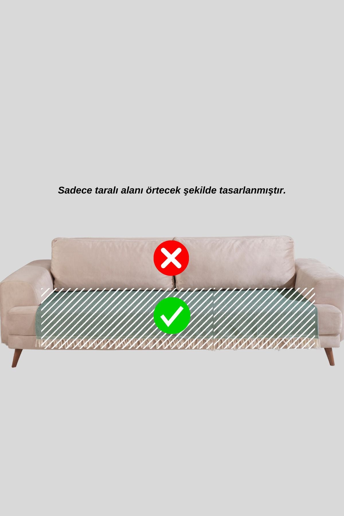 Ekru Pamuklu Koltuk Örtüsü 115x200 Önden Saçaklı Çizgili Desenli
