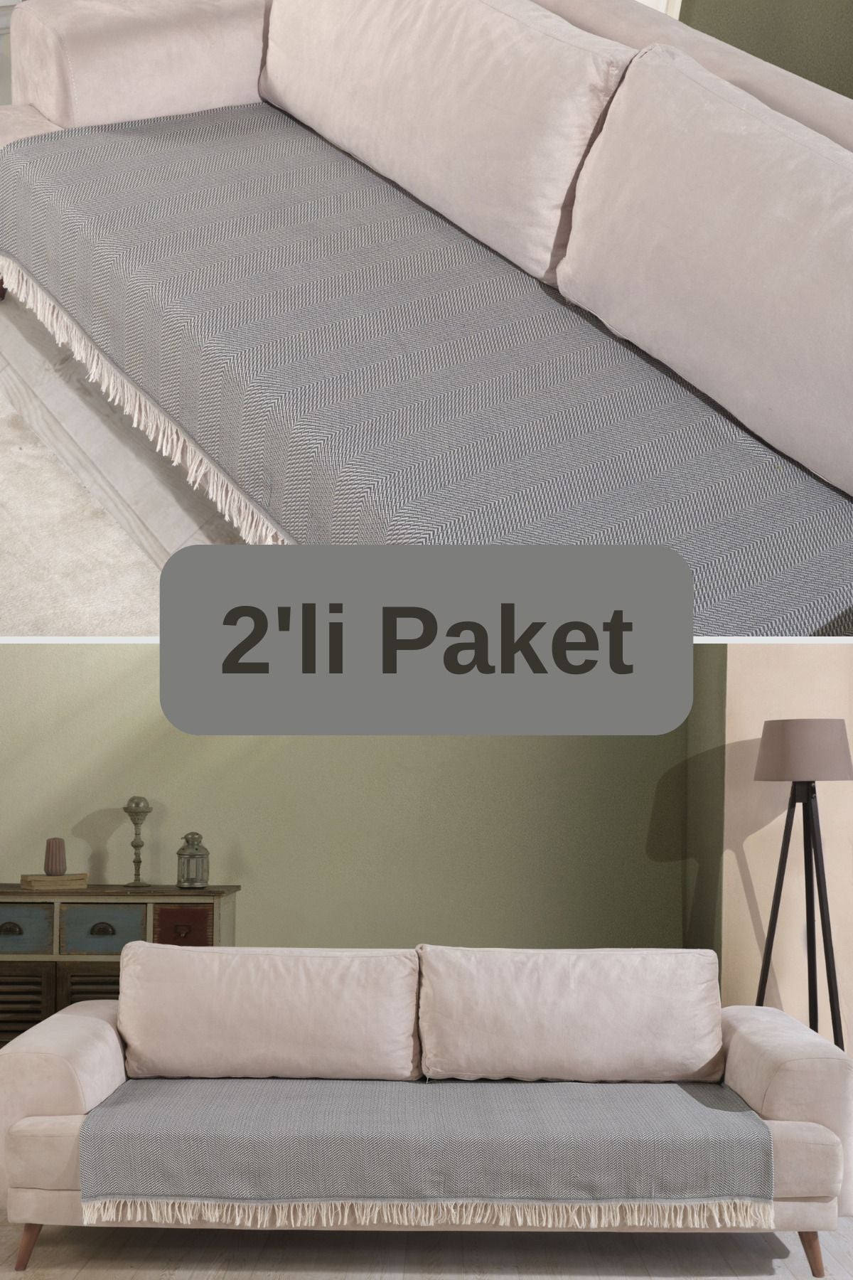 Pamuklu 2'li Koltuk Örtüsü 115x200 Önden Saçaklı Çizgili Desenli