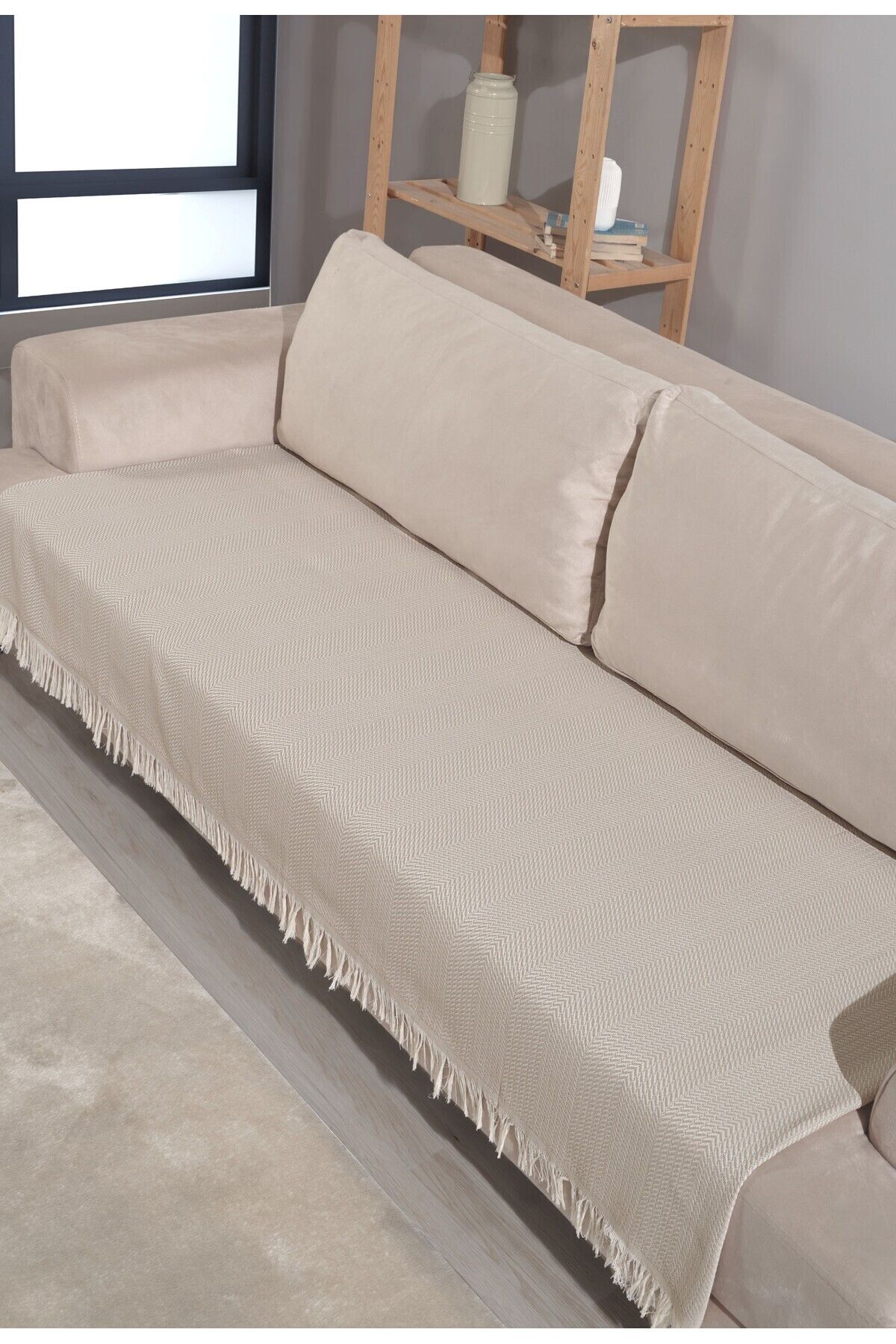 Pamuklu 2'li Koltuk Örtüsü 115x200 Önden Saçaklı Çizgili Desenli