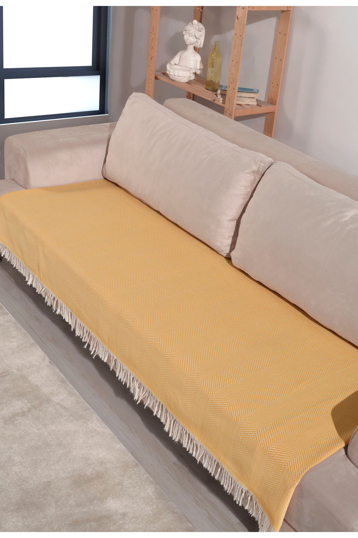 Ekru Pamuklu Koltuk Örtüsü 115x200 Önden Saçaklı Çizgili Desenli