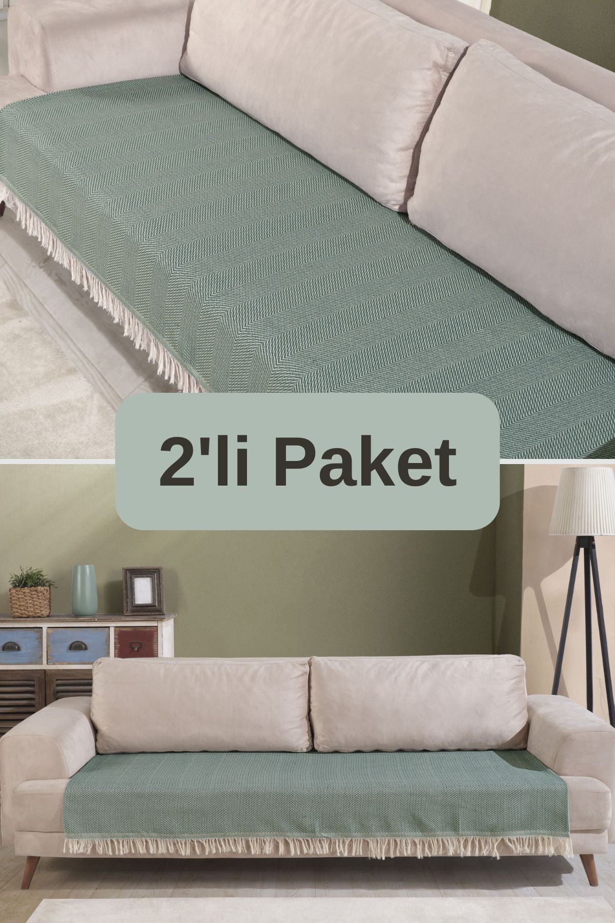 Pamuklu 2'li Koltuk Örtüsü 115x200 Önden Saçaklı Çizgili Desenli