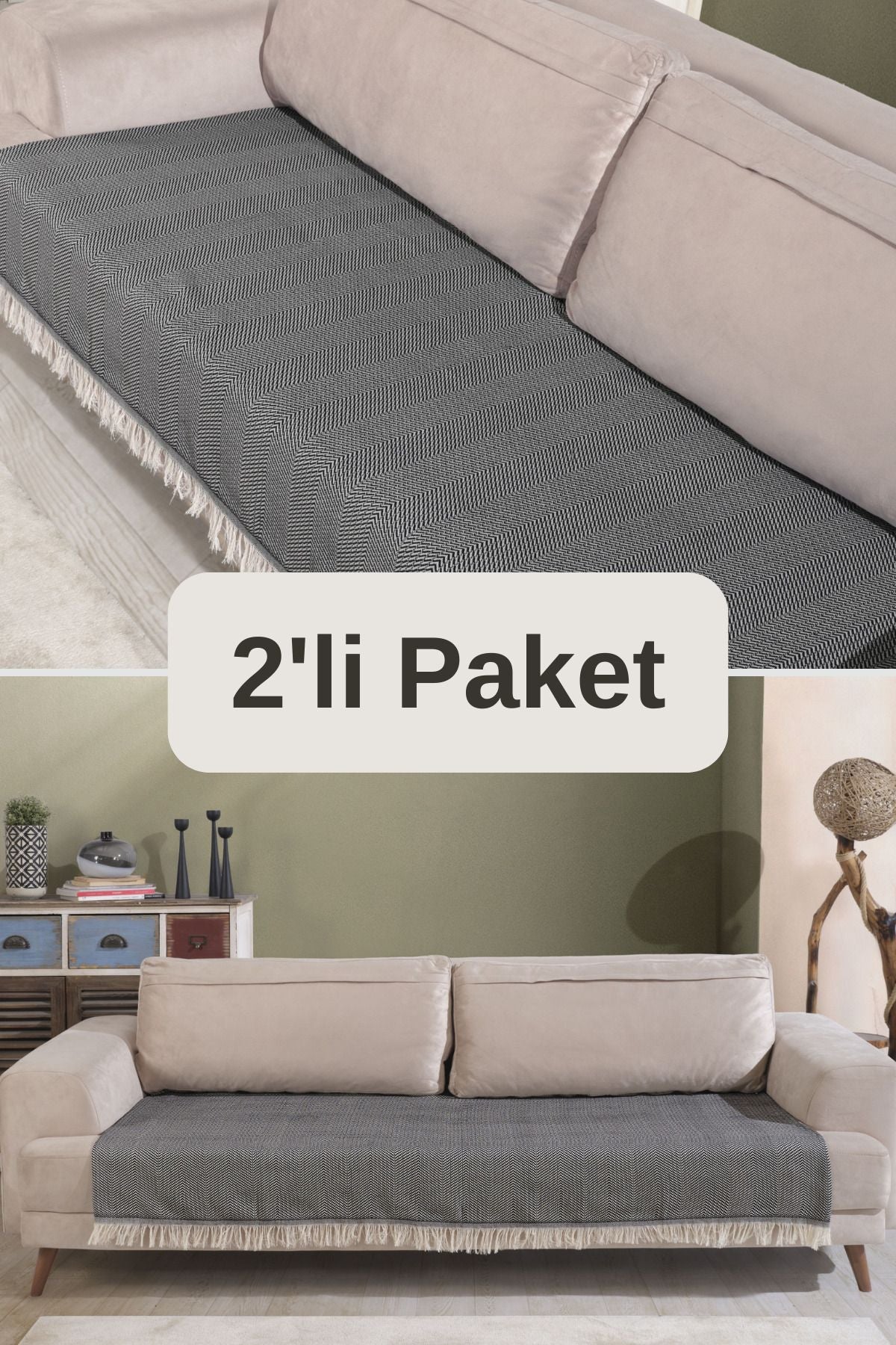 Pamuklu 2'li Koltuk Örtüsü 115x200 Önden Saçaklı Çizgili Desenli