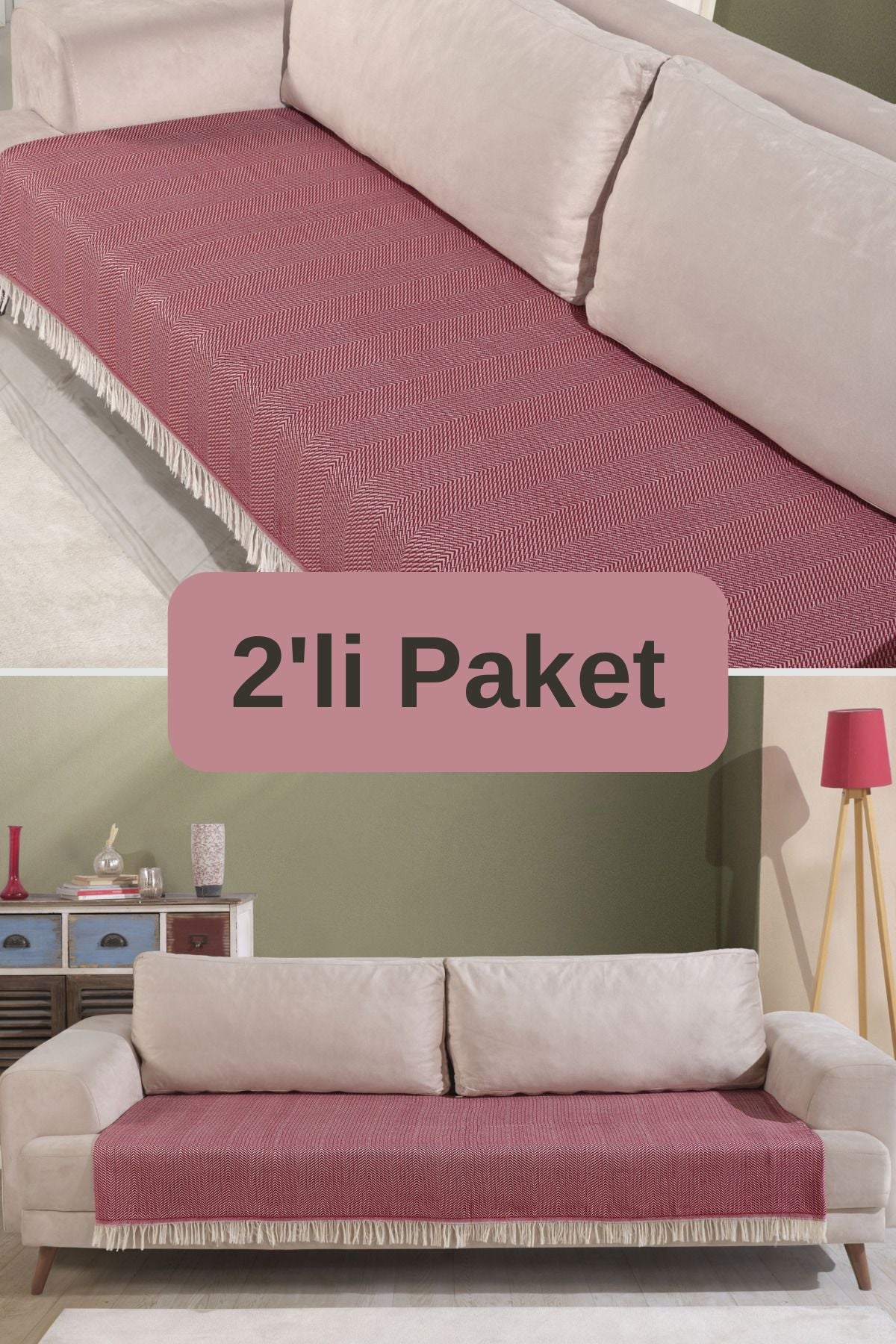 Pamuklu 2'li Koltuk Örtüsü 115x200 Önden Saçaklı Çizgili Desenli