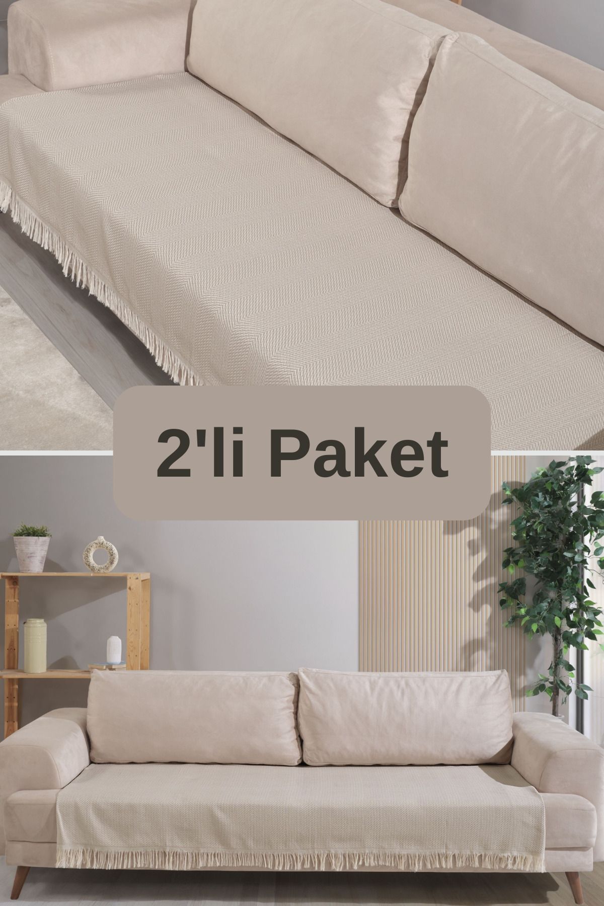 Pamuklu 2'li Koltuk Örtüsü 115x200 Önden Saçaklı Çizgili Desenli
