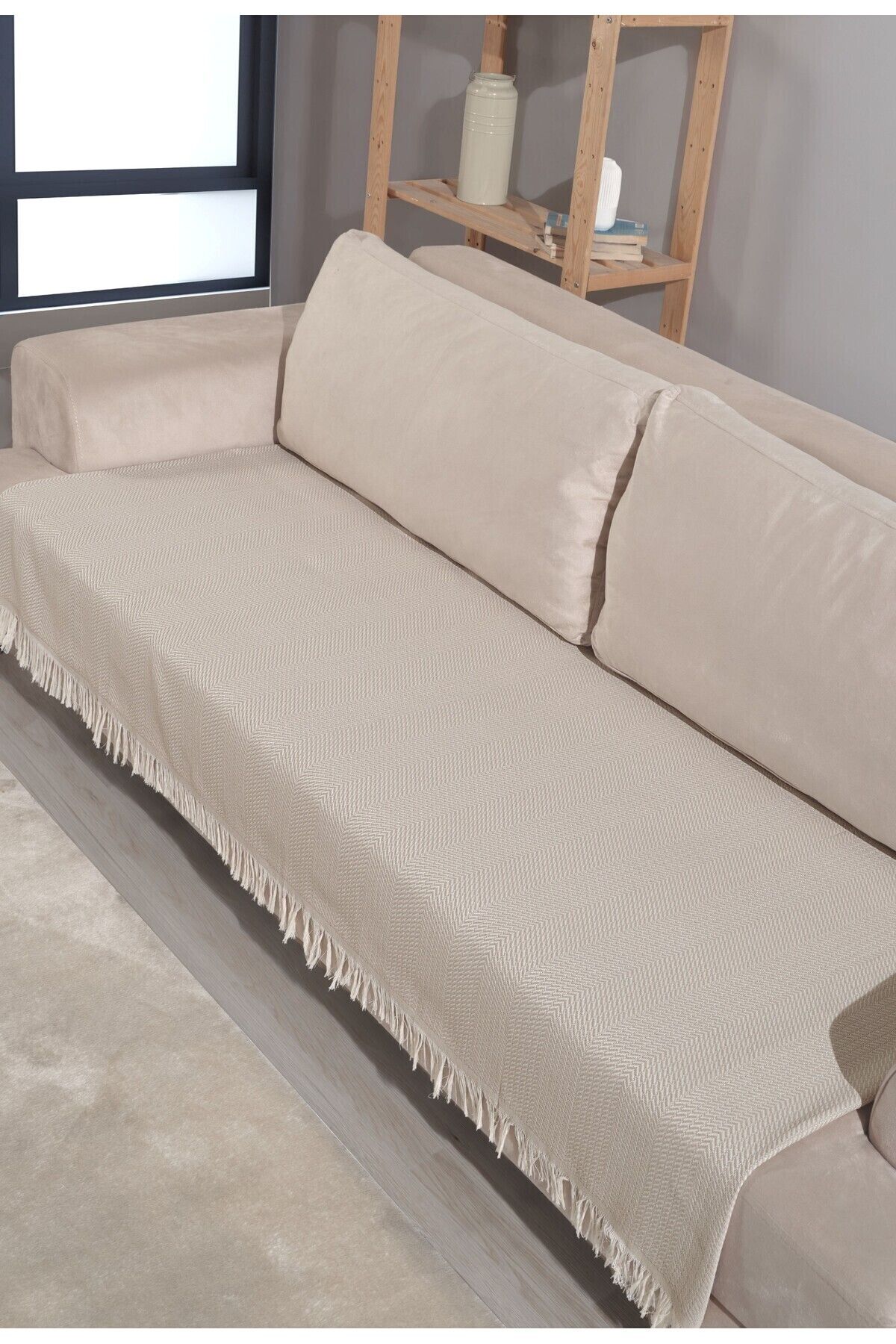 Ekru Pamuklu Koltuk Örtüsü 115x200 Önden Saçaklı Çizgili Desenli