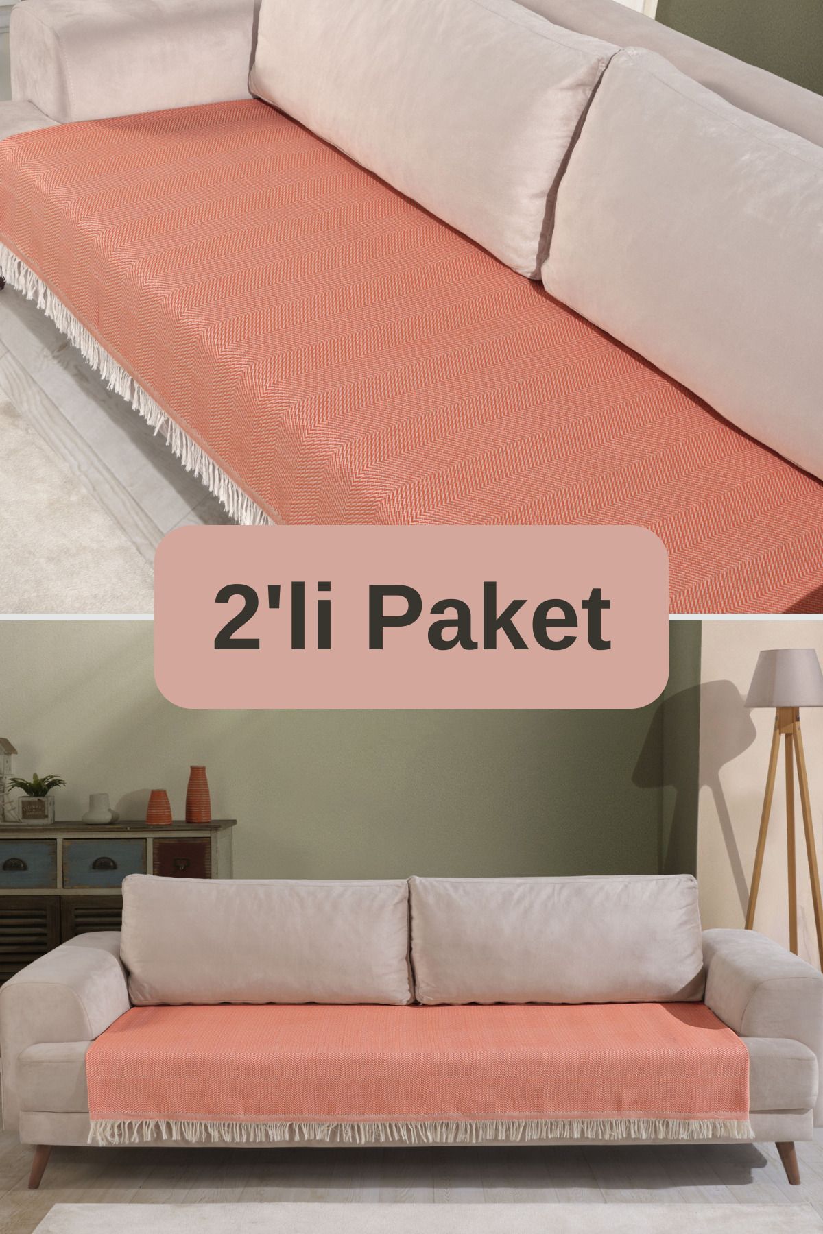Pamuklu 2'li Koltuk Örtüsü 115x200 Önden Saçaklı Çizgili Desenli