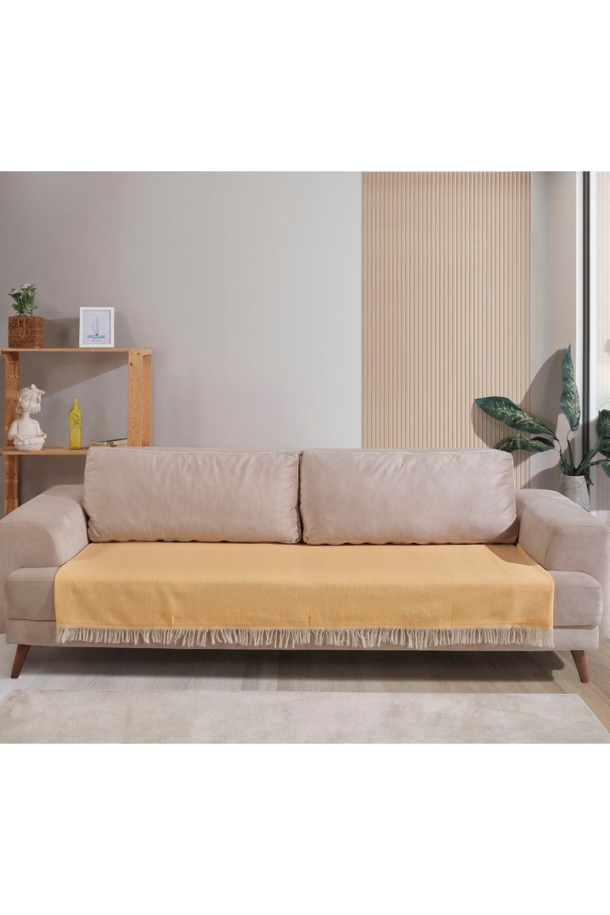Ekru Pamuklu Koltuk Örtüsü 115x200 Önden Saçaklı Çizgili Desenli